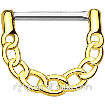 316L Chirurgische Stahl Geschlecht Homosexuell Nippel Piercing Schaft Gold IP über Messing Körper Linked Chain Design Clicker Nippel Ringe